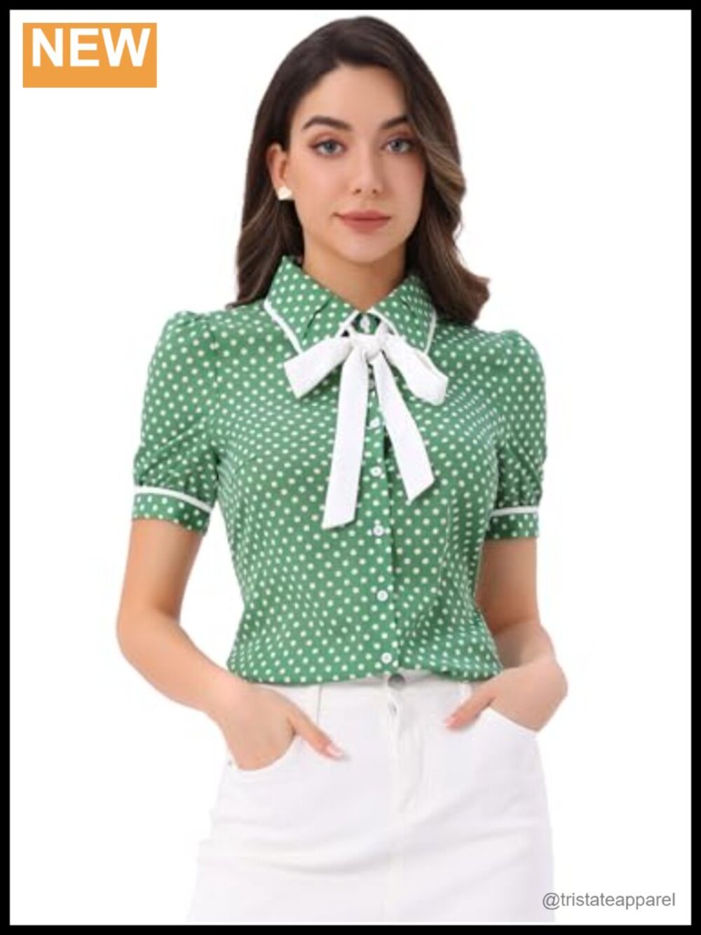 Polka Dot Peter Pan Collar Tie Neck Puff Sleeve Blouse Vintage Top